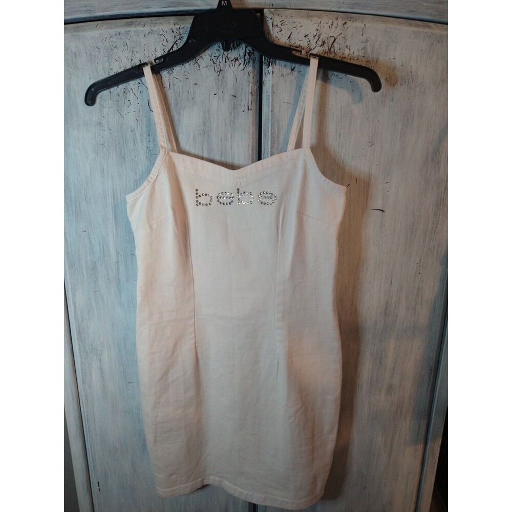 Bebe Rhinestone Embellished Logo Sleeveless mini Dress White Md Beachy Sexy